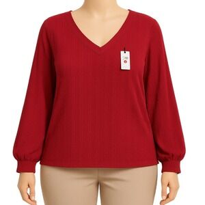 Hotouch Top Womens XXL Red Textured V Neck Long Sleeve Minimalist Modern Classic